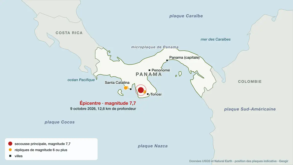 Carte de l'épicentre du séisme du 9 octobre 2026 au Panama et des répliques de magnitude 6 ou plus