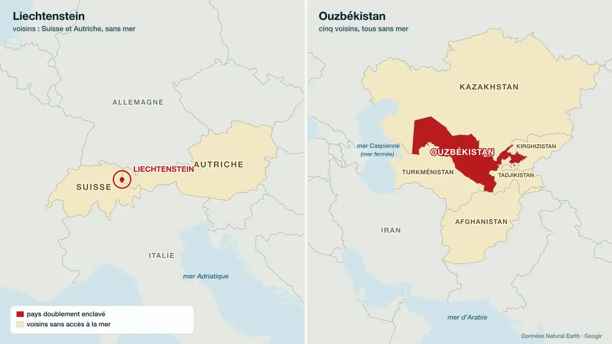 Pays doublement enclavés : le Liechtenstein et l'Ouzbékistan, les deux seuls au monde